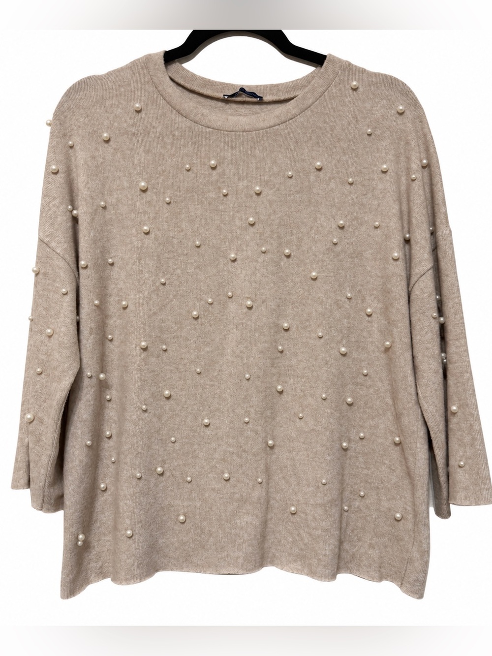 Zara Trafaluc Pearl Embellished Oversized Knit Sweater Beige Size M